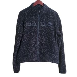 Bebe Sport Spellout Leopard Print Polar Fleece Full Zip Jacket Black Gray Medium